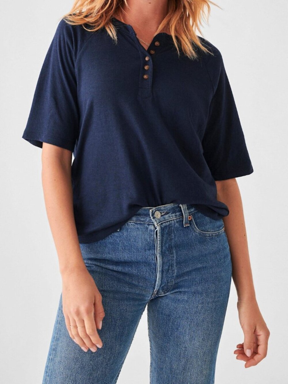 Faherty Cloud Cotton Short-Sleeve Henley Tee in Navy Blue Women's Size XS